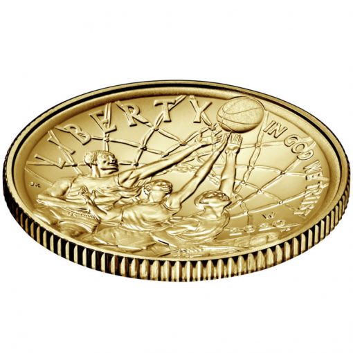 2020-W Uncirculated Basketball Hall of Fame $5 Gold Coin - Obverse Angle