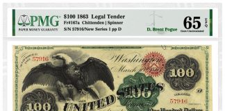 Paper Money Guaranty Certifies 5 Million Notes 1863 $100 "Spread Eagle" Legal Tender note graded PMG 65 Gem Uncirculated EPQ