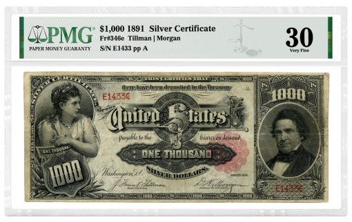 1891 $1,000 "Marcy" Silver Certificate, attributed as Friedberg-346e and graded PMG 30 Very Fine