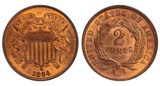 Lot 1 - 2C 1864 LARGE MOTTO. PCGS MS65 RD CAC