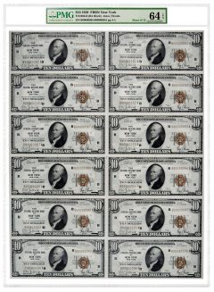 Uncut sheet of 12 1929 $10 Federal Reserve Bank Notes (New York) attributed as Fr#1860-B. Graded PMG 64 Choice Uncirculated EPQ.