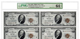 PMG Certifies ANA Bebee Collection of Uncut Banknote Sheets Uncut sheet of 12 1929 $10 Federal Reserve Bank Notes (New York) attributed as Fr#1860-B. Graded PMG 64 Choice Uncirculated EPQ.