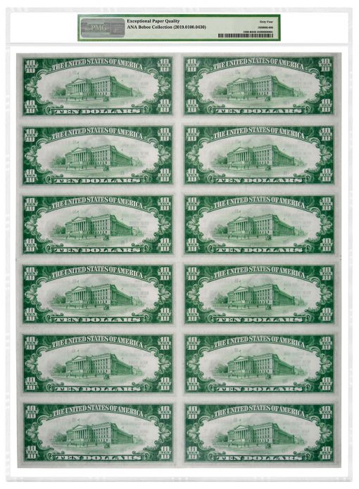 Uncut sheet of 12 1929 $10 Federal Reserve Bank Notes (New York) attributed as Fr#1860-B. Graded PMG 64 Choice Uncirculated EPQ.