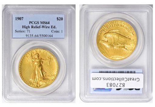 1907 Saint-Gaudens High Relief Gold Double Eagle, graded PCGS MS-64