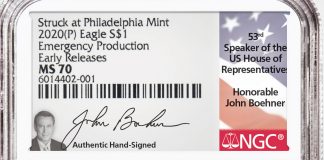 Boehner Signs Inserts for NGC-Certified 2020 Emergency Silver Eagles Boehner insert closeup