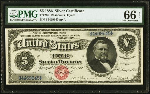 1886 $5 Silver Certificate, PMG Gem Uncirculated 66 EPQ, Fr. 260