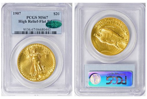 1907 Saint-Gaudens Gold Double Eagle MCMVII. High Relief, Flat Edge PCGS MS-67 CAC