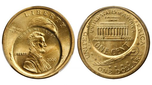 2000 Lincoln Cent--Overstruck on a 2000-Dated Sacagawea Dollar--MS-66 (PCGS)
