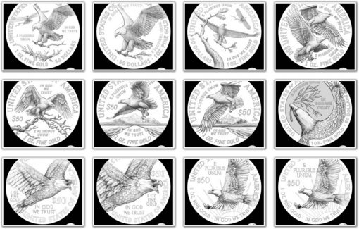 American Eagle gold coin reverse candidates. Designs #1, #2, #3, #5, #6, #7, #8, #10, #11, #11A, #12, and #12A.