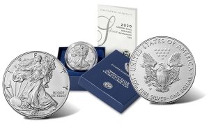 2020-W Uncirculated American Silver Eagle – obverse, presentation case and reverse