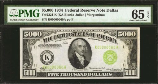 Lot 286: Fr. 2221-K. 1934 $5000 Federal Reserve Note