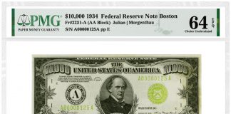 PMG-Graded Notes Dazzle at Heritage Sale on Aug. 3 1934 $10,000 Federal Reserve Note (Boston) graded PMG 64 Choice Uncirculated EPQ