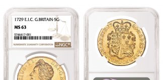 NGC-Graded British Rarities Top Heritage’s Aug. 5 World and Ancient Coins Auction Great Britain 1729 East India Company 5 Guineas graded NGC MS 63
