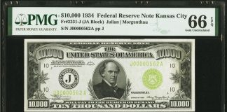 1934 $10,000 Note Realizes World Record in Heritage Sale $10,000 1934 Federal Reserve Note. PMG Gem Uncirculated 66 EPQ