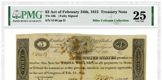 PMG-Certified Notes from Coltrane Collection in Heritage November Sale 1815 $3 Treasury Note