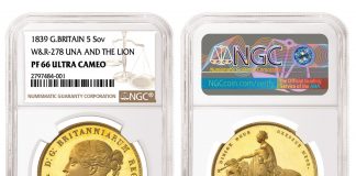 NGC-Certified British Gold Rarities Offered in MDC Monaco October Sale 1839 Great Britain Una and the Lion Gold Coin, graded NGC PF 66 Ultra Cameo