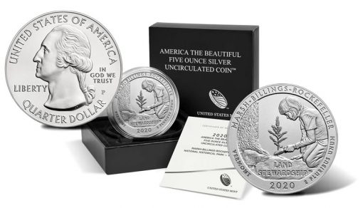 2020-P Marsh-Billings-Rockefeller National Historical Park Five Ounce Silver Uncirculated Coin and Packaging