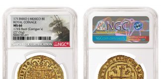 NGC-Certified, Phenomenal Spanish Gold Royal in Sedwick November Sale Mexico 1713MXO J Royal Coinage 8 Escudos graded NGC MS 66