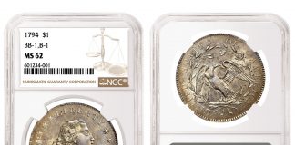 NGC-Certified 1894-S Barber Dime at $850,000 a Week Before SBG Sale 1794 Flowing Hair Silver Dollar, graded NGC MS 62