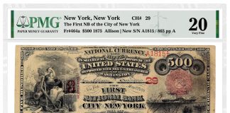 PMG Certifies Shiva’s Collection of National Banknotes 1875 500 NewYork, NewYork First NB City New York
