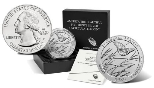 2020-P Tallgrass Prairie National Preserve Five Ounce Silver Uncirculated Coin, Sides and Packaging