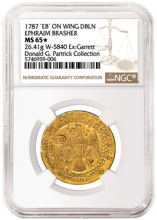 1787 ‘EB’ on Wing Brasher Doubloon graded NGC MS 65★