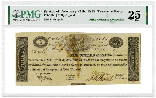 1815 $3 Treasury Note graded PMG Very Fine 25