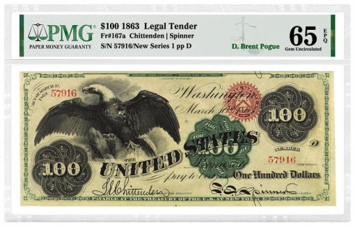 1863 $100 "Spread Eagle" Legal Tender note graded PMG 65 Gem Uncirculated EPQ