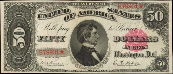 1891 $50 Treasury Note graded PMG 64 EPQ