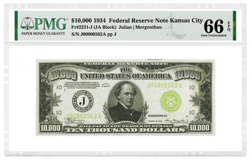 1934 $10,000 Federal Reserve Note (Kansas City) graded PMG 66 Gem Uncirculated EPQ