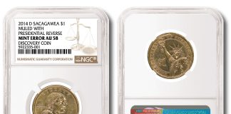 NGC Certifies First Sacagawea Dollar Muled With Presidential Dollar 2014-D Sacagawea $1 Muled With Presidential Reverse Graded NGC Mint Error AU 58