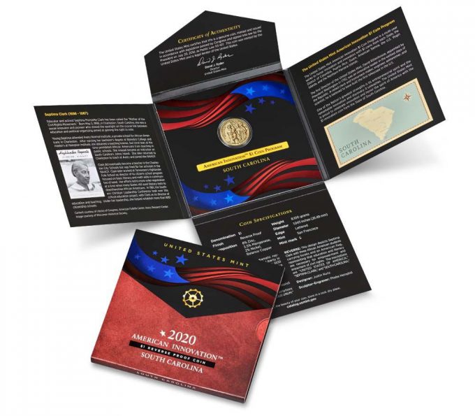 2020-S Reverse Proof South Carolina American Innovation Dollar and Packaging