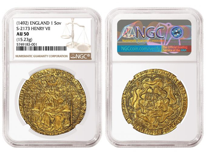 1492 England Type 2 Henry VII Sovereign, graded NGC AU 50