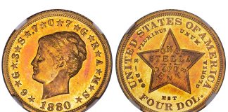 Heritage Postpones Sale of U.S. Coin Rarities to Feb. 23-25 1880 Coiled Hair Stella, NGC, PF 67 Cameo