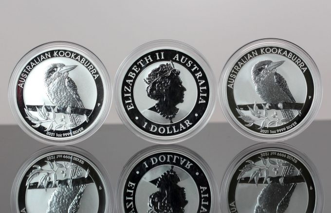 Three 2021 Australian Kookaburra 1oz Silver Bullion Coins - Reverse, Obverse and Reverse