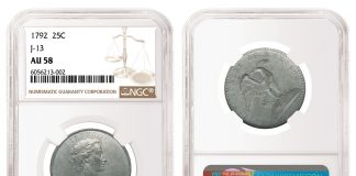 NGC-Certified Coins from 1700s Top $1 Million 1792 Judd-13 Pattern Quarter graded NGC AU 58
