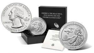 2021-P Tuskegee Airmen National Historic Site Five Ounce Silver Uncirculated Coin and Packaging