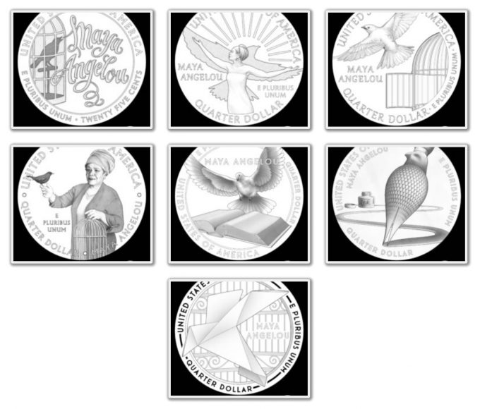 U.S. Mint images of the reverse candidate designs for the 2022 Maya Angelou Quarter