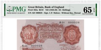 PMG-Certified British Banknote Rarities Featured in Spink April 28 Auction Great Britain, Bank of England 1928-29 10-Shillings