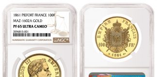 Two NGC-certified European Gold Coins Top $700K Each in MDC Monaco Sale 1861 Piefort Gold 100 Francs graded NGC PF 65 Ultra Cameo