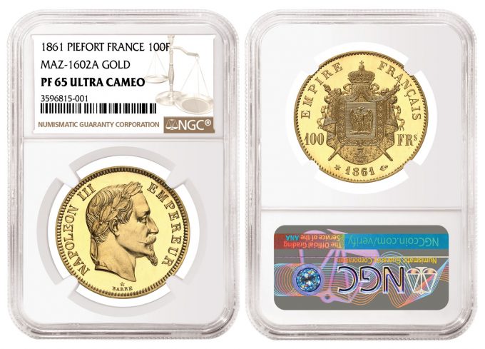 1861 Piefort Gold 100 Francs graded NGC PF 65 Ultra Cameo