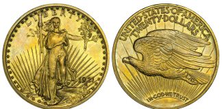 Heritage to Exhibit 1921 Double Eagle and 1854-S Half Eagle at FUN Convention 1921 Roman Finish proof Saint-Gaudens Double Eagle
