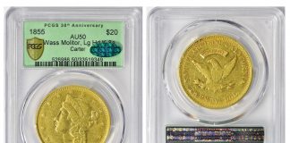 GreatCollections’ August Auction Features Rare 1855 $20 Wass Molitor Gold Coin 1855 Wass Molitor Twenty Dollar gold coin
