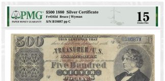 Rare PMG-certified 1880 $500 Silver Certificate Offered in SBG August Auction 1880 $500 Silver Certificate graded PMG 15 Choice Fine - front