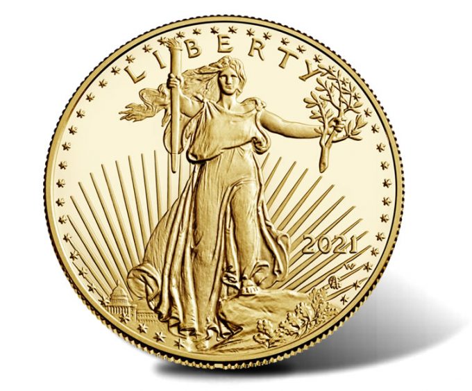 Obverse or heads side of a 2021-W Proof American Gold Eagle (Type 2 design)