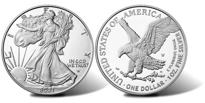 Type 2 2021-W Proof American Silver Eagle (obverse and reverse)