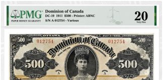 PMG Certifies Incredibly Rare Canadian 1911 $500 Banknote 1911 $500 DC-19 Legacy Currency, graded PMG 20 Very Fine (front)