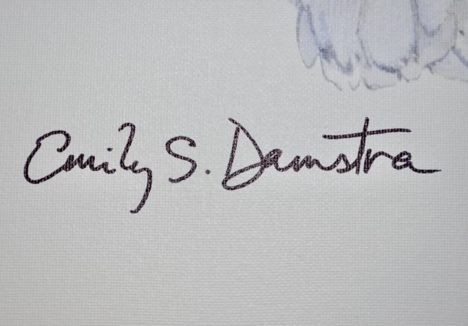 Close-up of Emily Damstra autograph on artwork