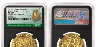 NGC-Certified Rediscovered English Gold Coins in Spink September Auction England (1611-12) Ryal graded NGC MS 64★