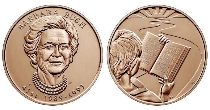 U.S. Mint images of a Barbara Bush First Spouse Bronze Medal